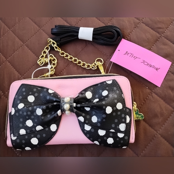 NWT Betsey Johnson Pink Crossbody Wallet/Clutch Black Polka Dot Bow - Picture 2 of 8